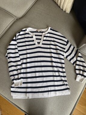 LOFT Striped V-Neck Sweater in White and Navy